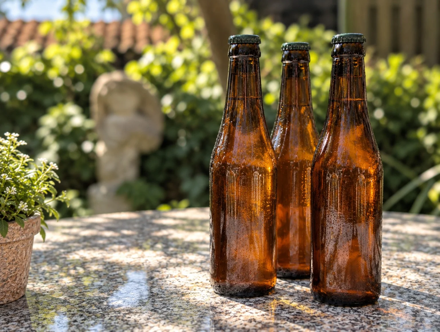 Bierflessen op een tafel in de groene binnentuin