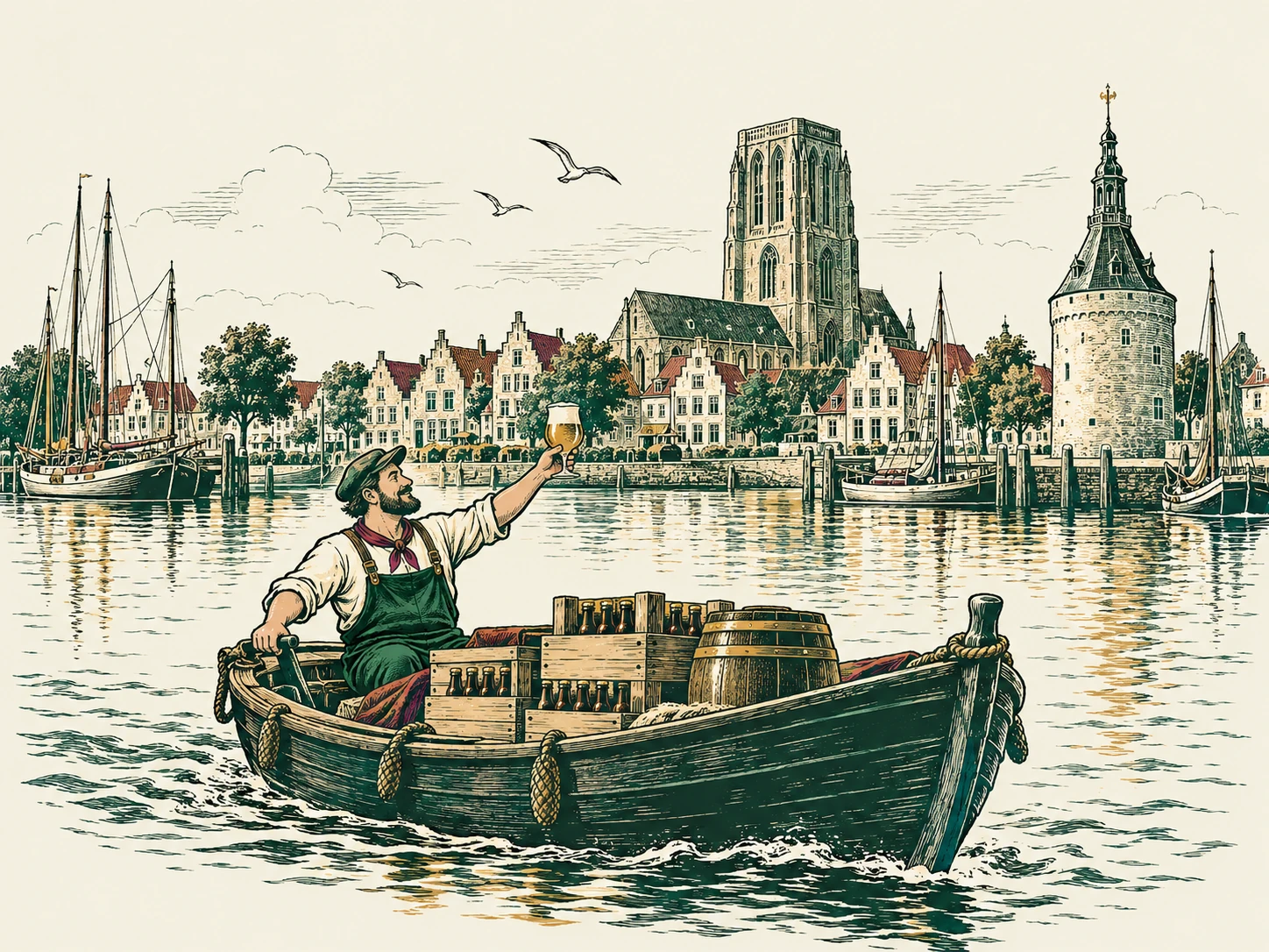 Getekende brouwer die vanuit een bootje vol bier het glas heft voor de skyline van Veere