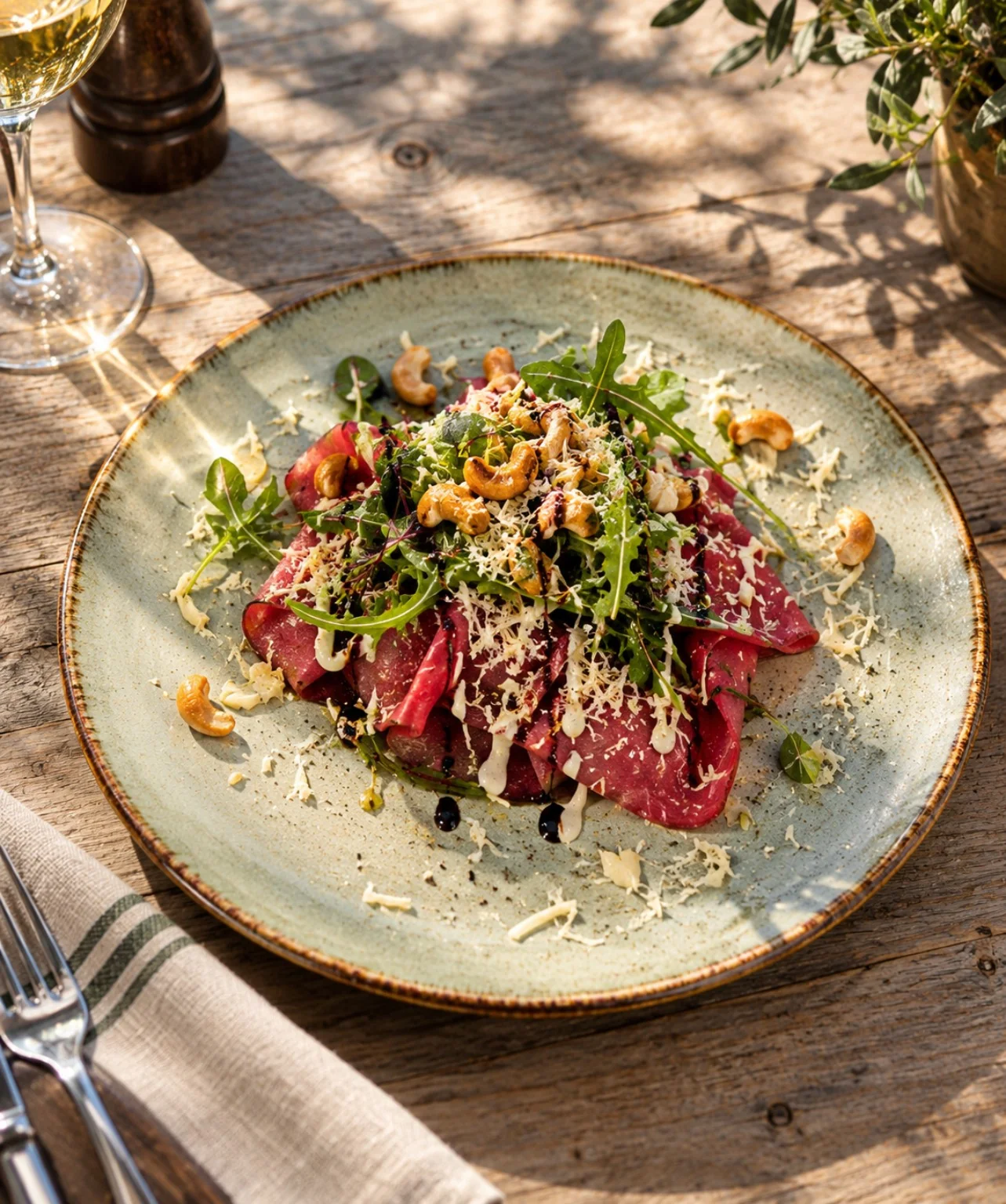 Carpaccio met rucola en cashewnoten op een houten tafel