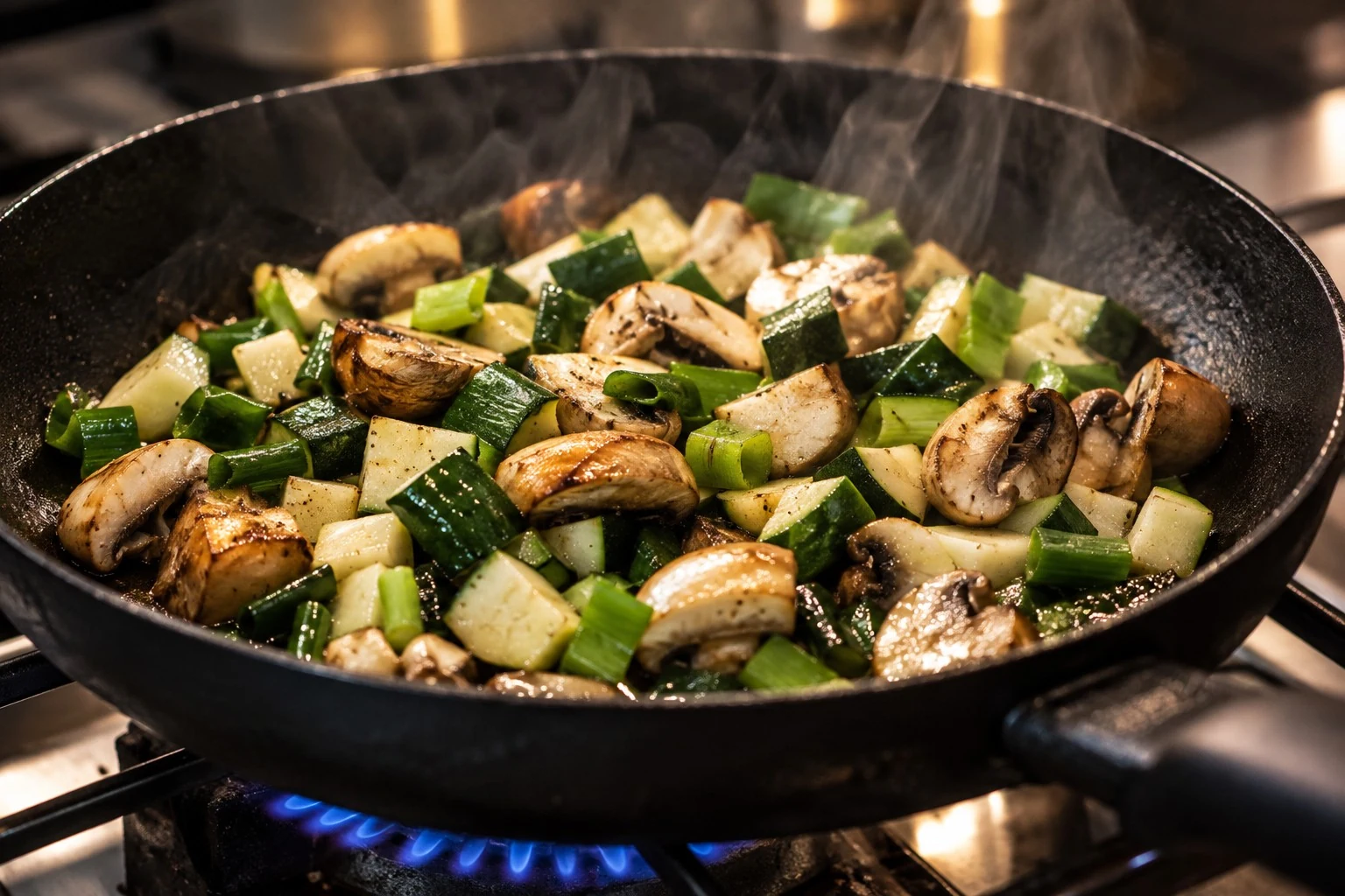 Courgette en champignons in een dampende pan op het vuur