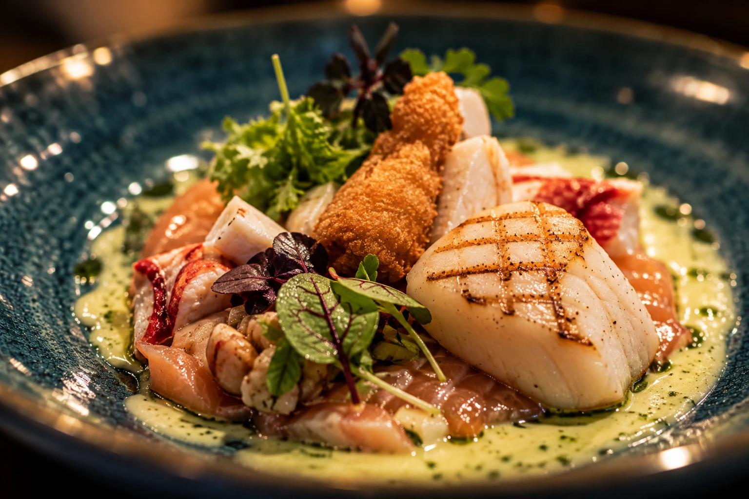 Zeevruchtengerecht met een gebakken sint-jakobsschelp