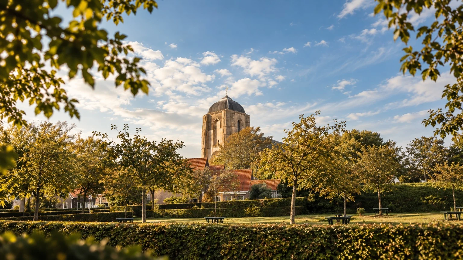 De Grote Kerk van Veere, omlijst door bomen in warm zonlicht